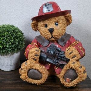 Vtg Youngs Inc Large 10.5"‎ Resin Firefighter Teddy Bear Figurine Toy Fire Truck